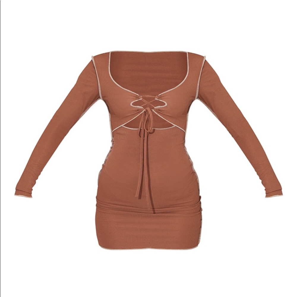 PrettyLittleThing Ribbed Long Sleeve Tie Front Dress - Picture 3 of 3
